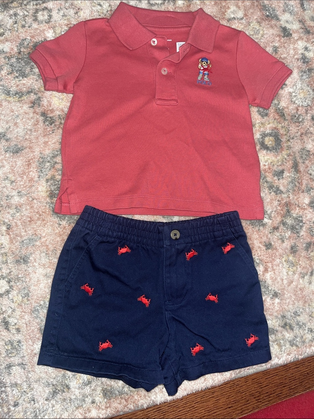Ralph Lauren Red Polo shirt with Navy Crab-Embroidered Shorts Set 9M
